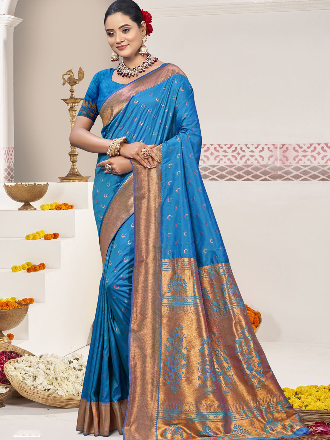DEVATITHI Woven Design Sky Blue Silk Saree