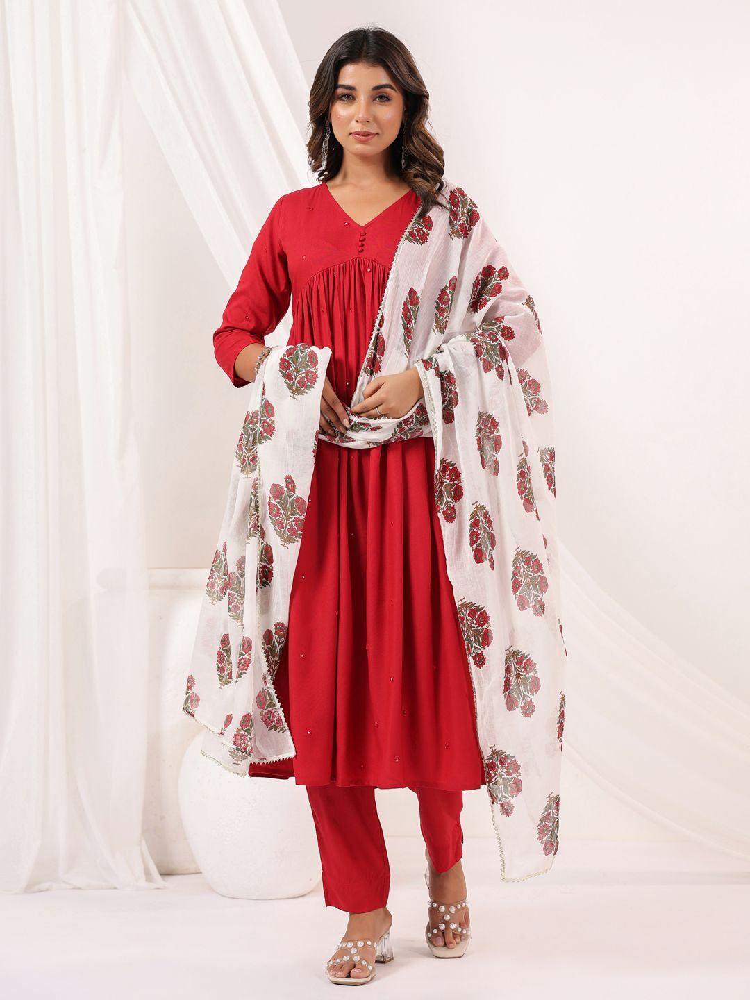 Janasya Women Maroon Rayon Embellished Mirror Work A-line Kurta Set