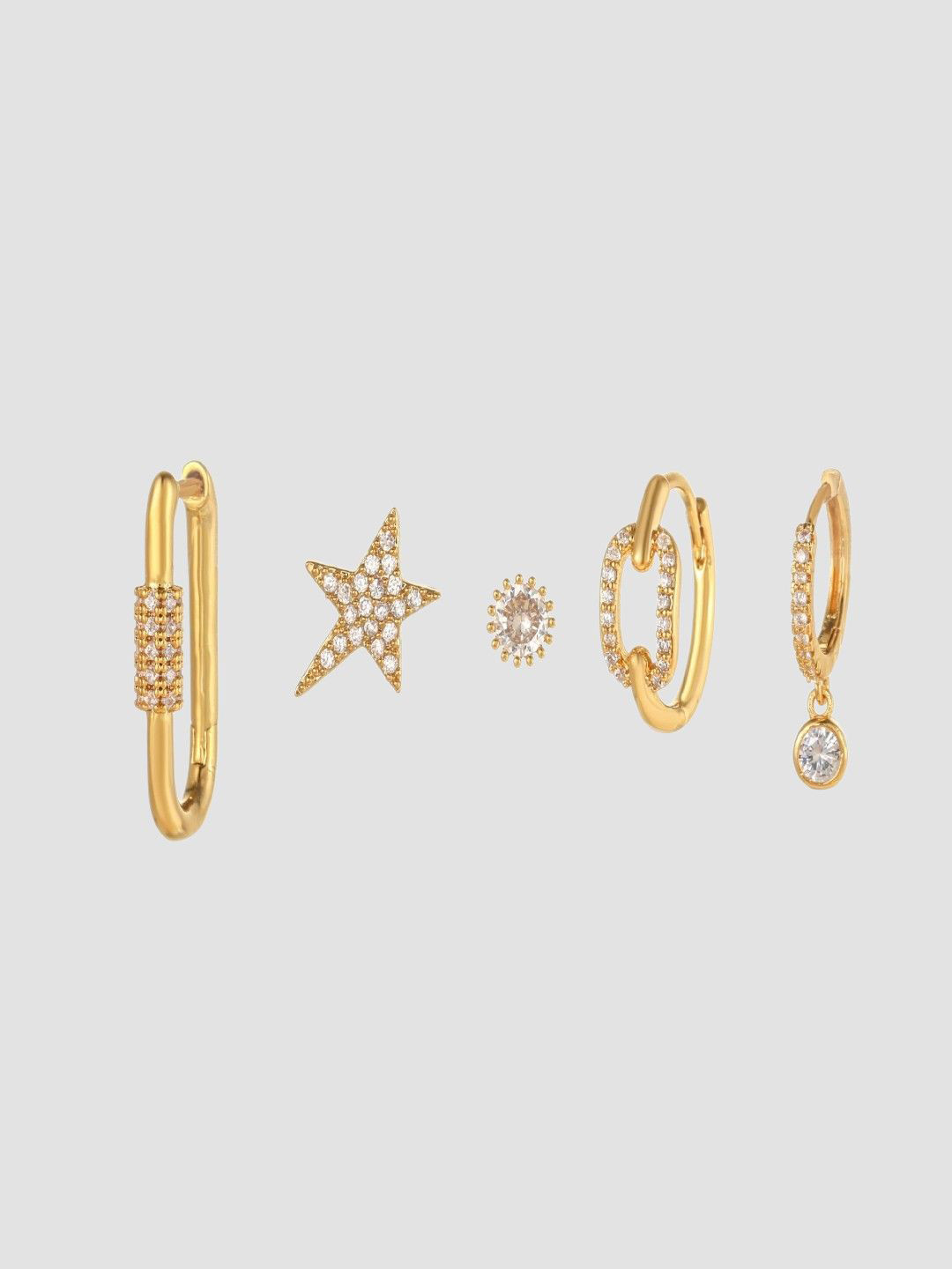 AQUASTREET Set of 5 18K Plated Anti-Tarnish Zircon Star Earring Single-Ear Earrings Set