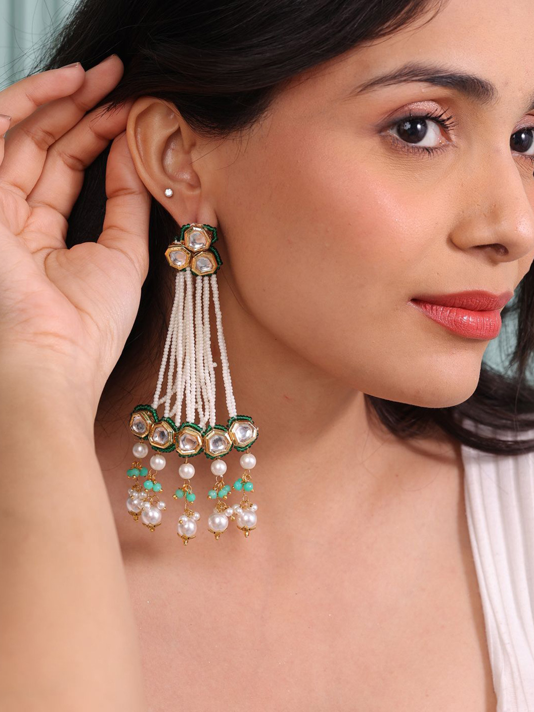 Binnis Wardrobe Gold-Plated Kundan Studded & Pearls Beaded Circular Shaped Drop Earrings