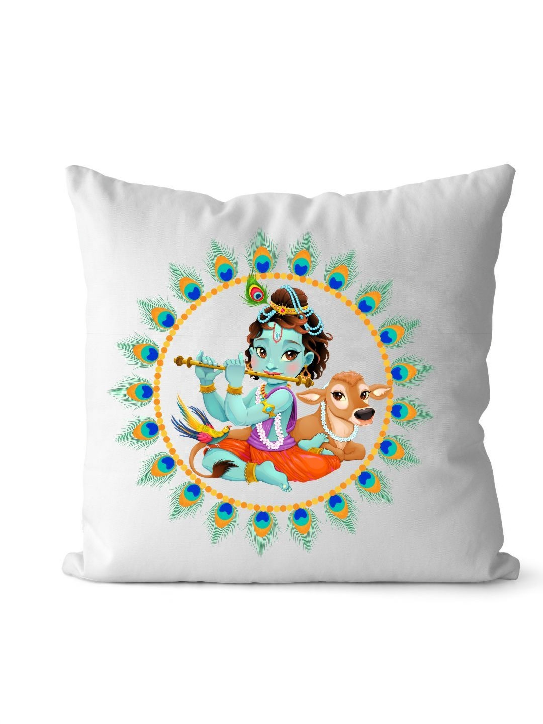 Loops n knots White & Green Lord Krishna & Cow Printed Pre-Filled Cushion