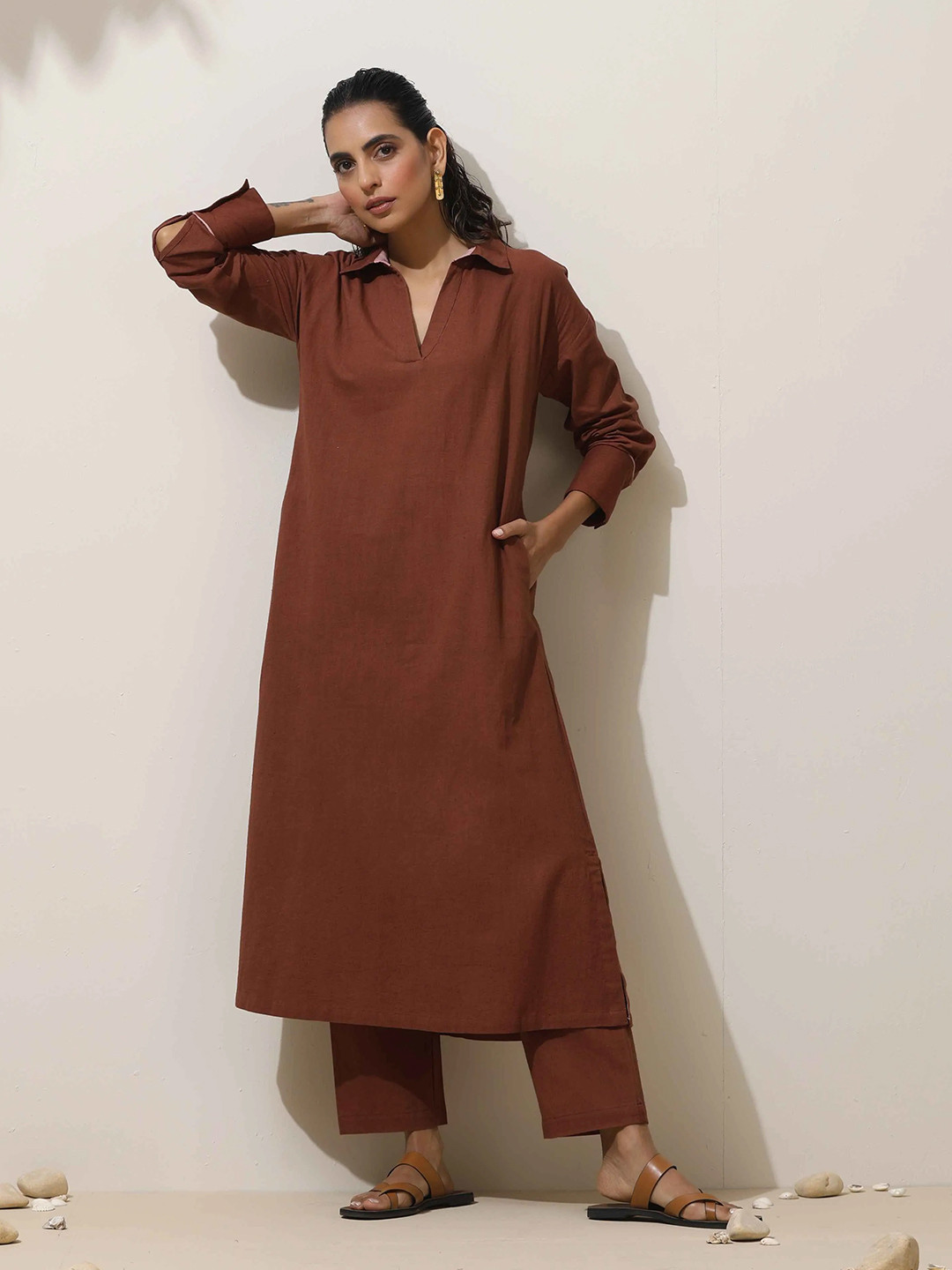 trueBrowns Women Brown Cotton Kurta Pant Set
