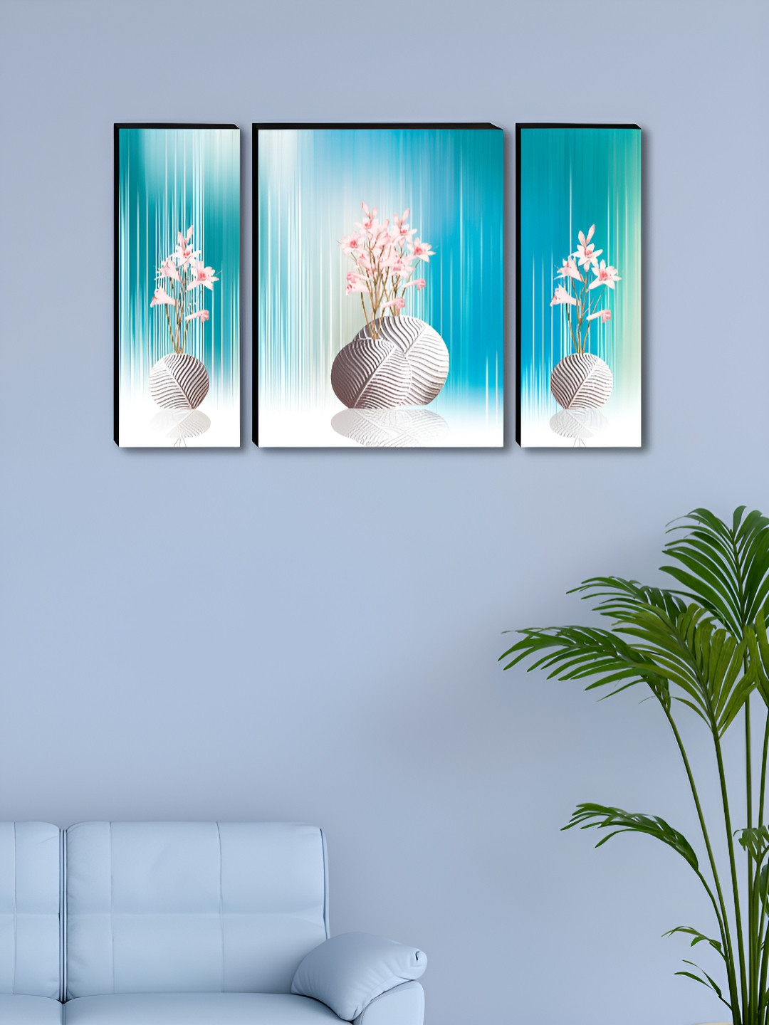 SAF Blue & White 3 Pieces Vase & Floral Wall Arts