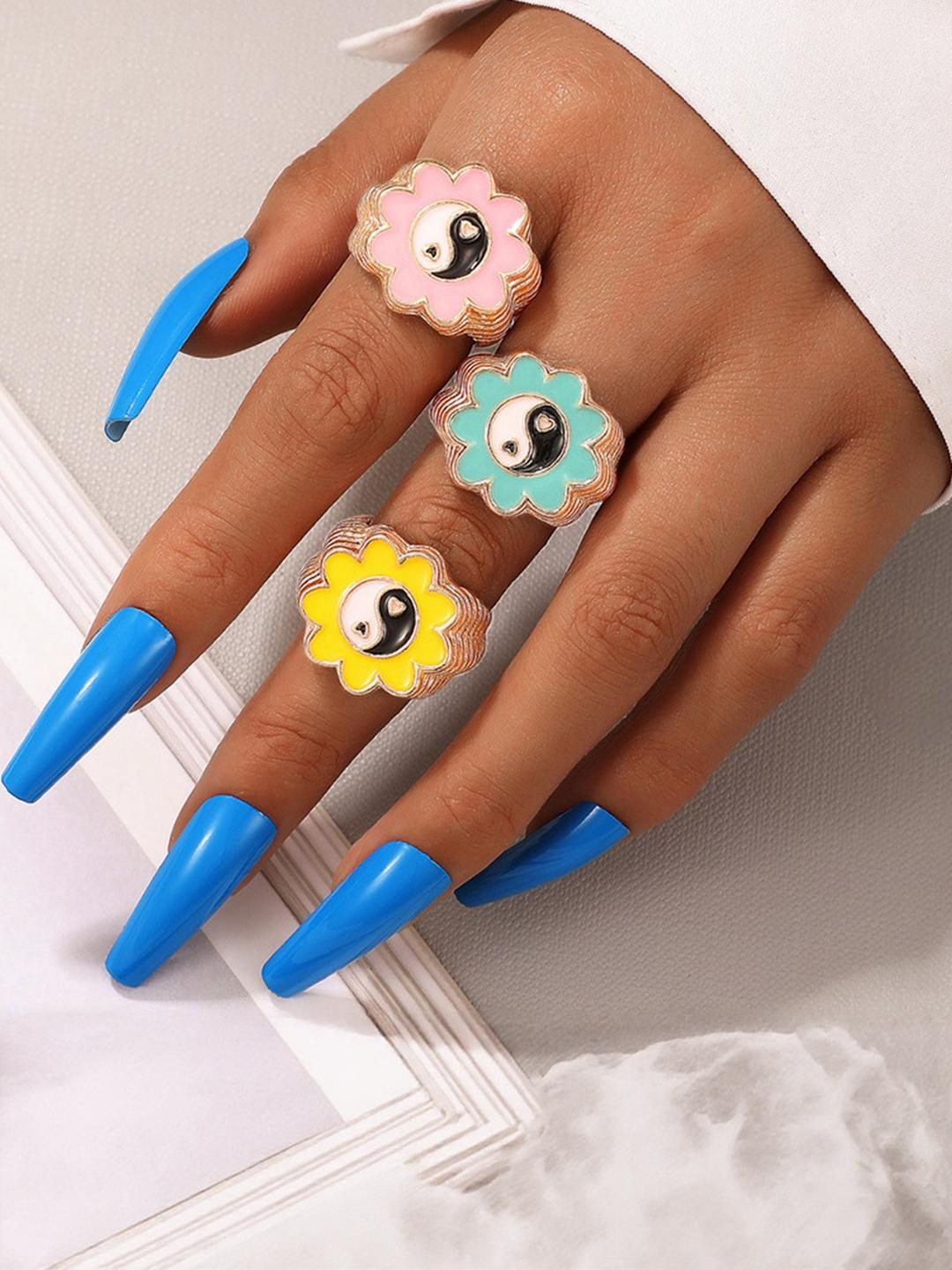 DressBerry Women And Girls Set of 3 Gold Plated Flower Ring Set