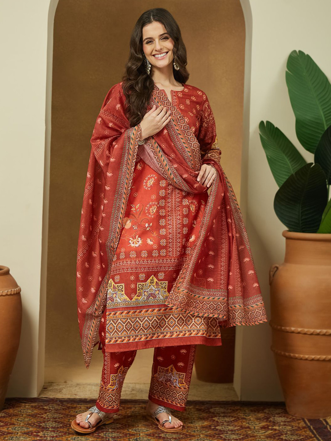 Janasya Women Rust Cotton Floral Printed Pakistani Straight Kurta Set