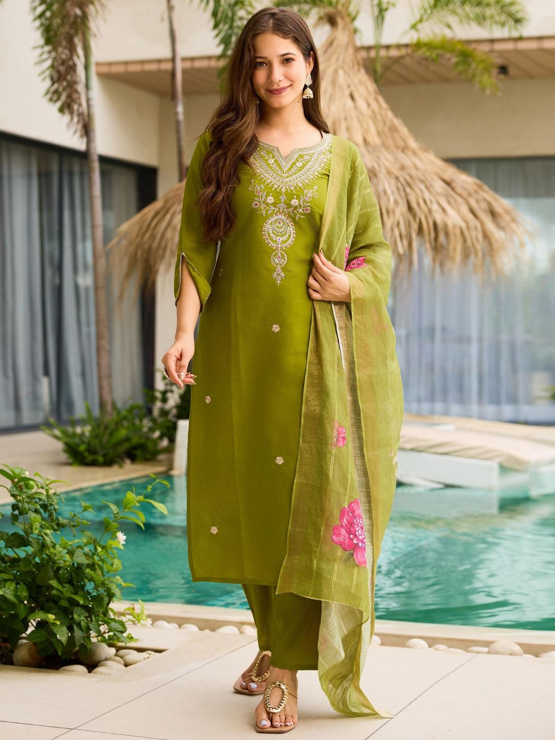 KALINI Women Lemon Viscose Round Neck Straight Embroidered & Printed Kurta Sets