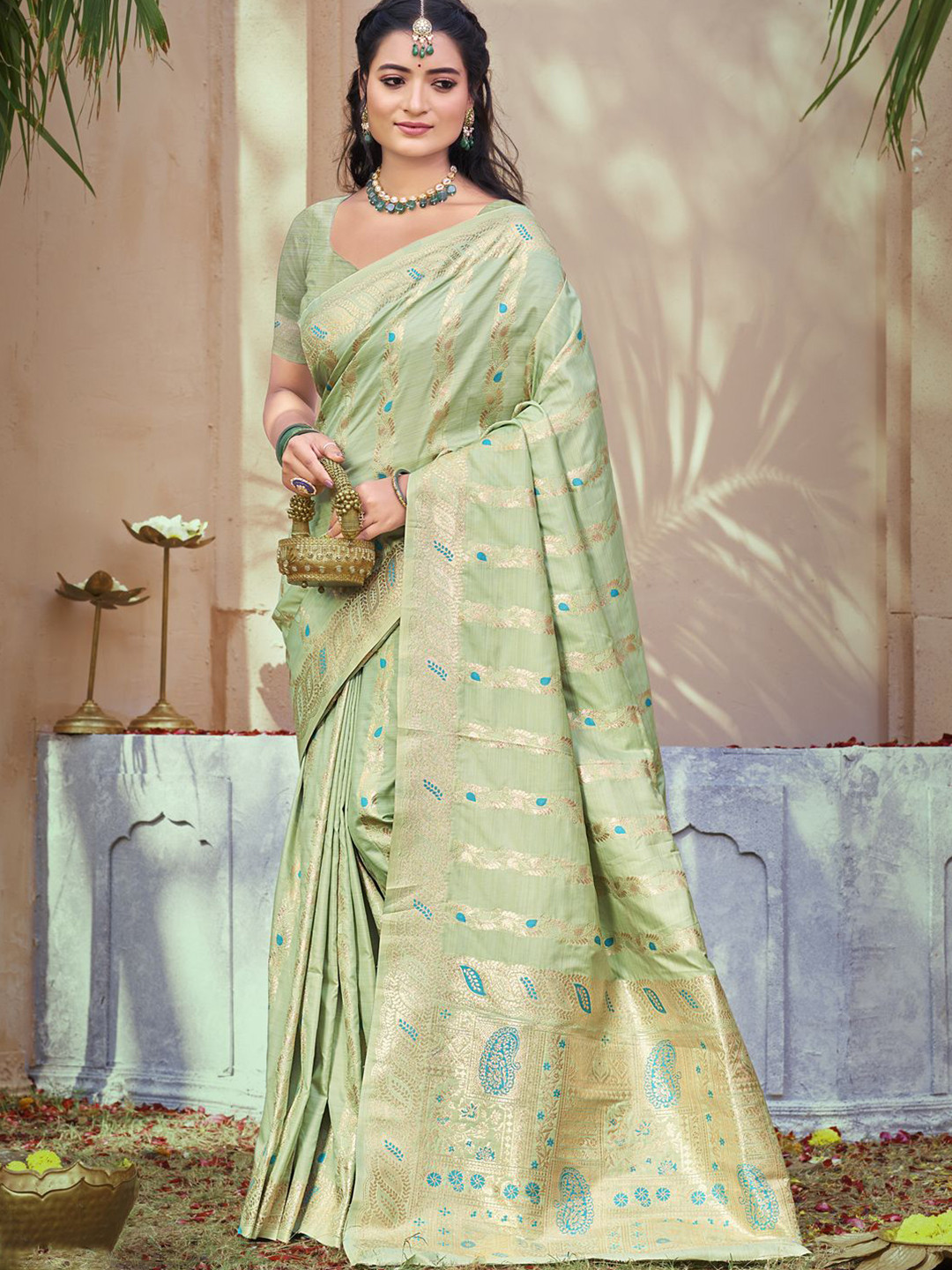 DEVATITHI Woven Design Zari Pista Green Silk Saree