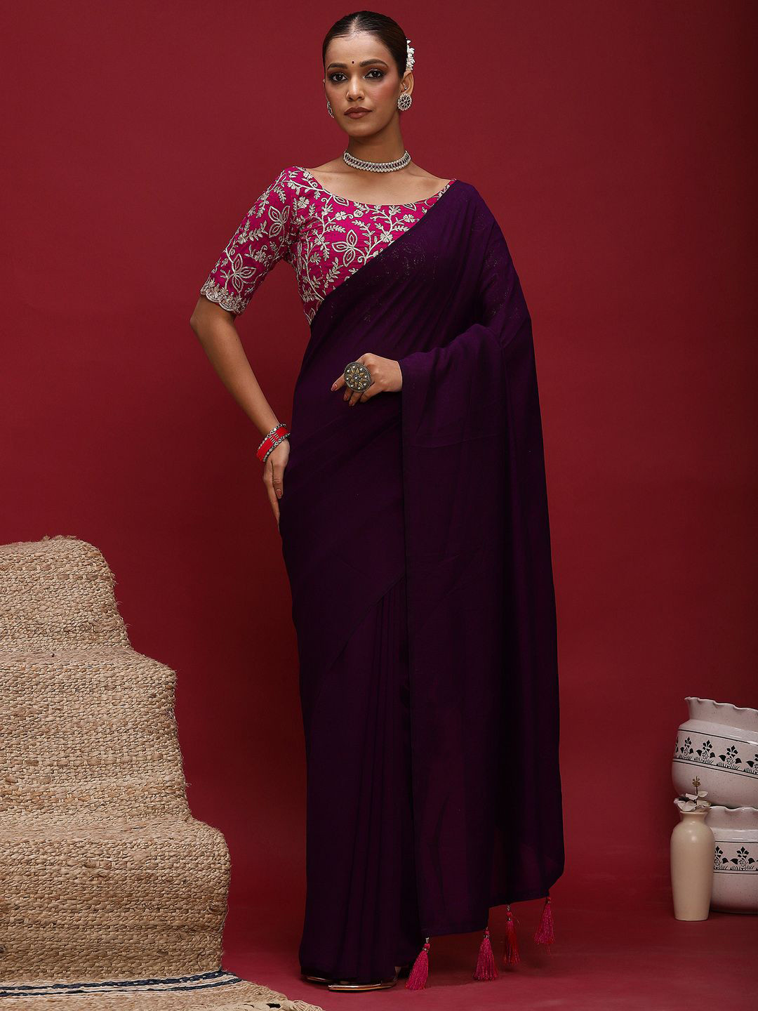 all about you Tasseled Saree With Floral Blouse