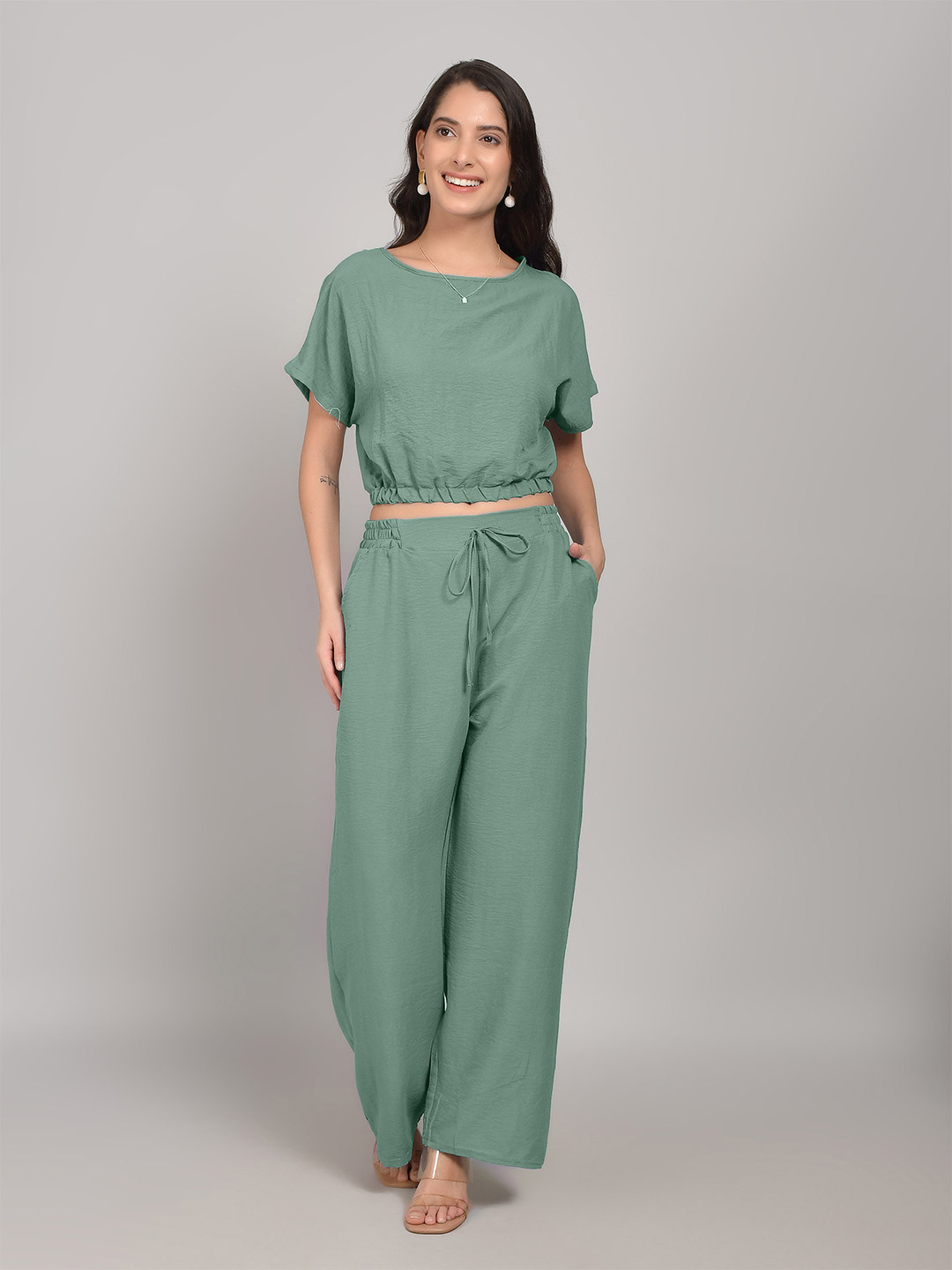 Stem Rope Women Green Cotton Blend Co-Ords