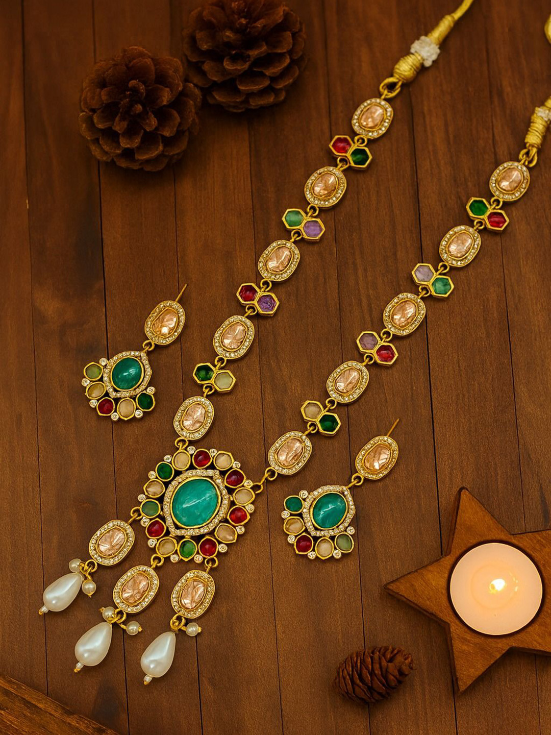 TJC Gold Plated American Diamond Studded & Pearls Beaded Jewellery Set