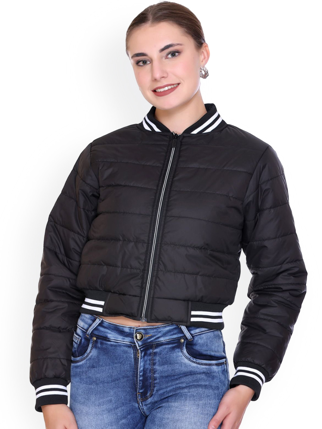 SANHOK Striped Lightweight Crop Puffer Jacket