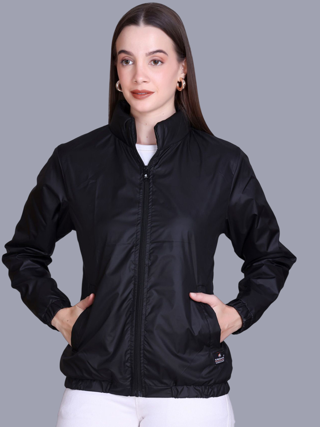 SANHOK Women Mock Collar Geometric Printed Windcheater Bomber Jacket