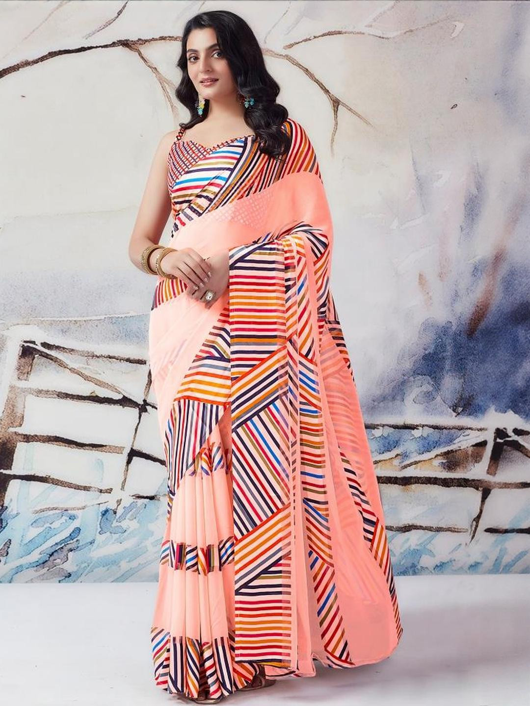 Sita Peach Pure Georgette Printed Sarees