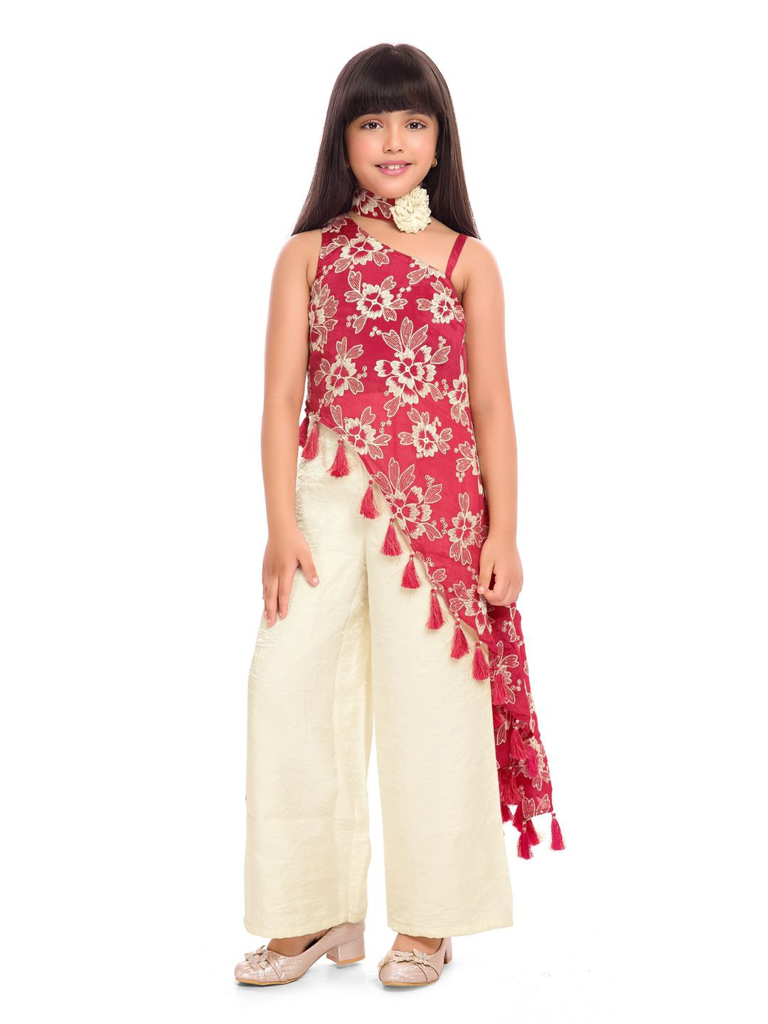Tiny Kingdom Girls Embroidered One Shoulder Top With Palazzos