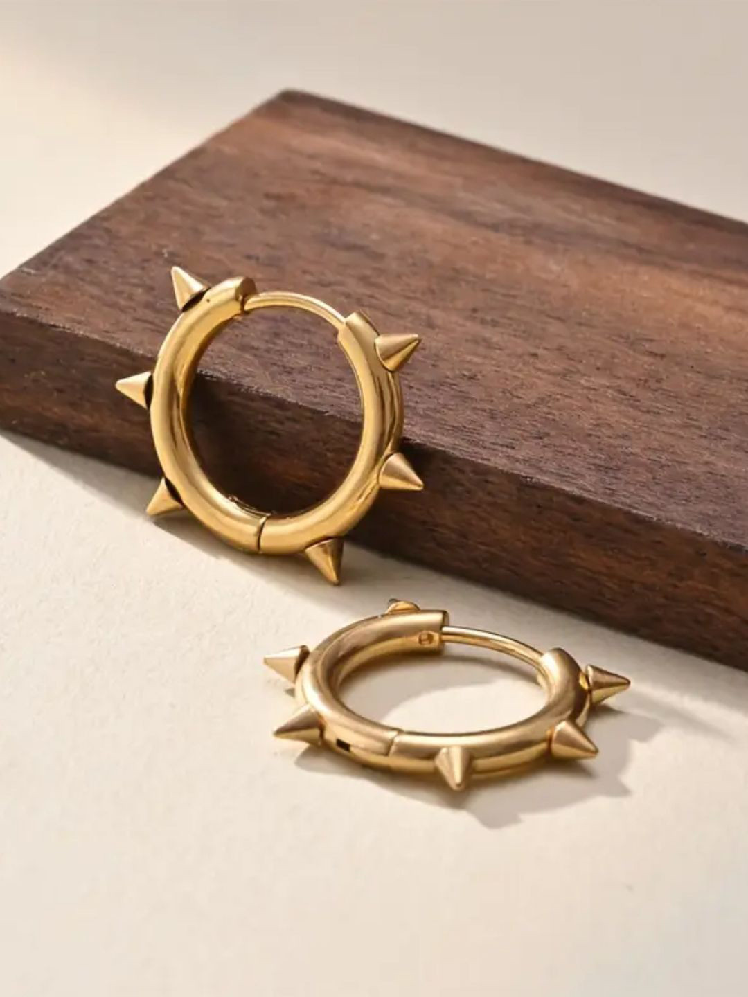 Young & Forever Men Stainless Steel Gold-Plated Spiked Shaped Hoop Earrings