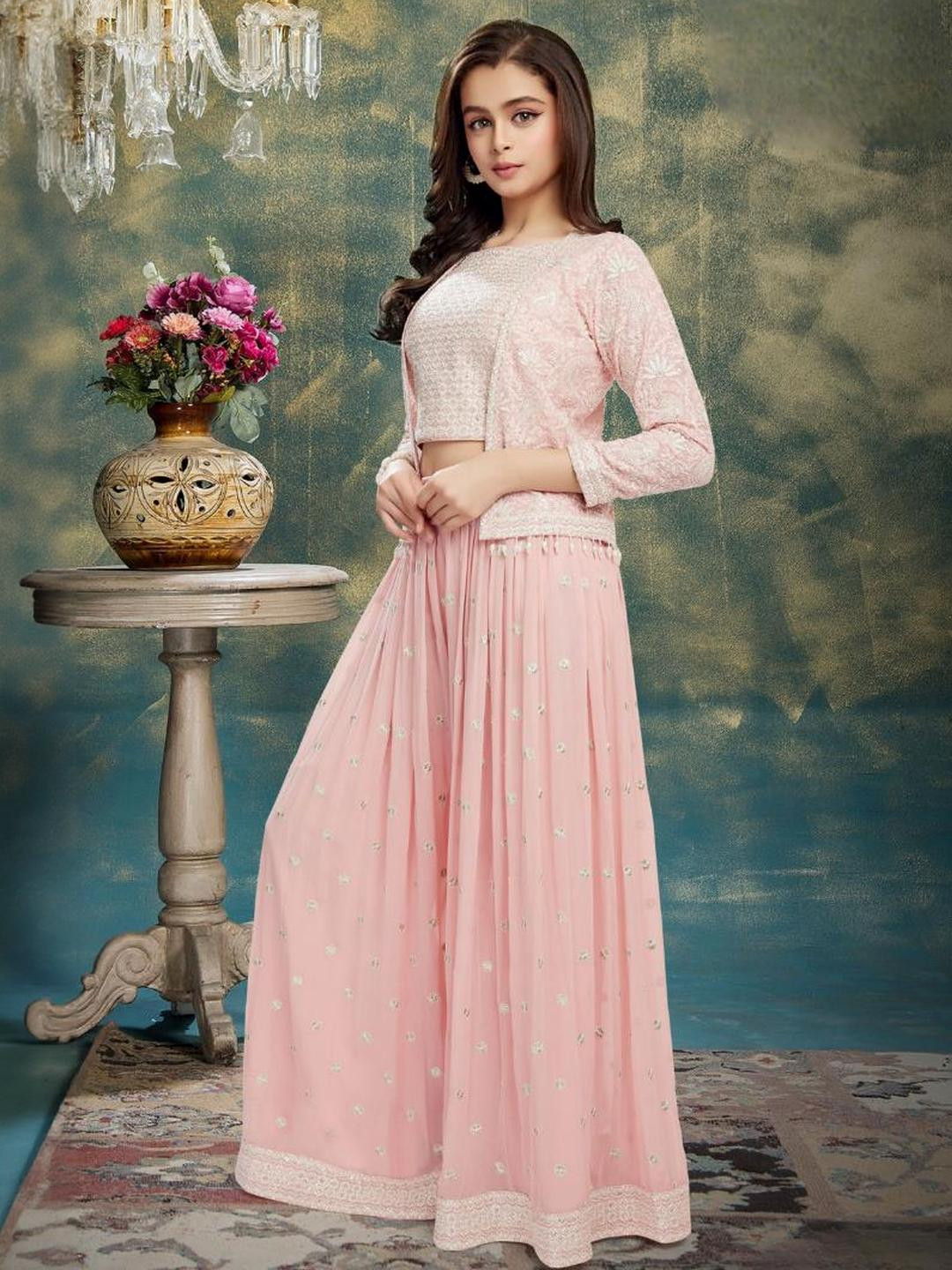 DIGILINE Women Floral Embroidered Cotton Top with Sharara And Jacket