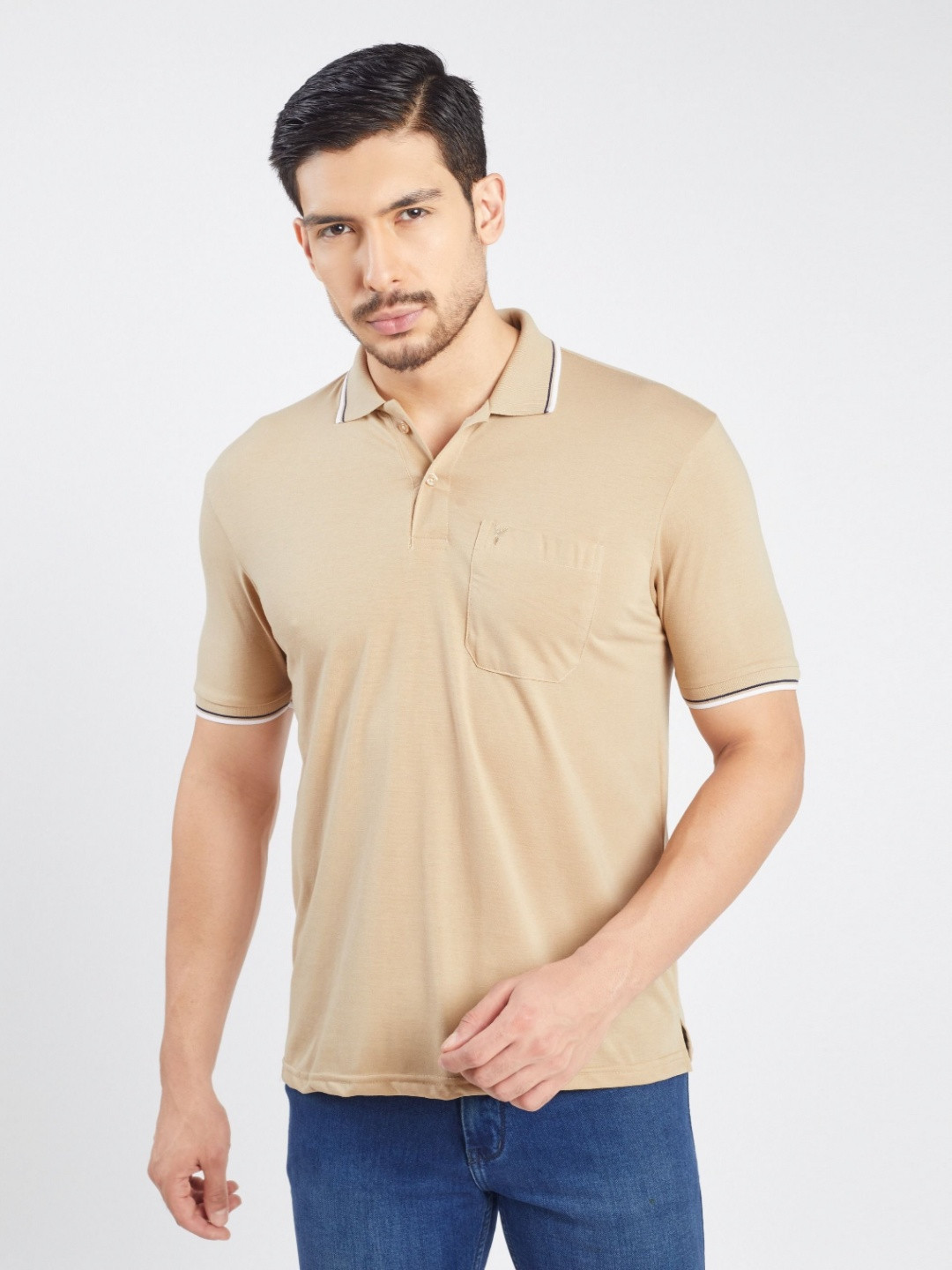 PRORIDERS Men Solid Beige Regular Fit Polo T-shirt
