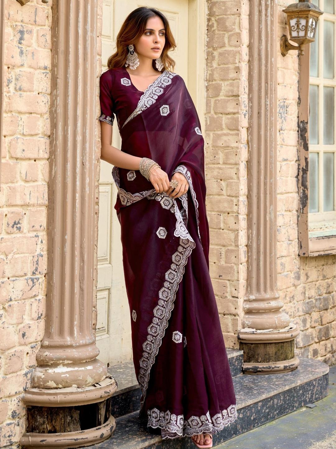 LeeliPeeri Designer Simmer Sequinned Embroidery Saree With Matching Blouse Piece