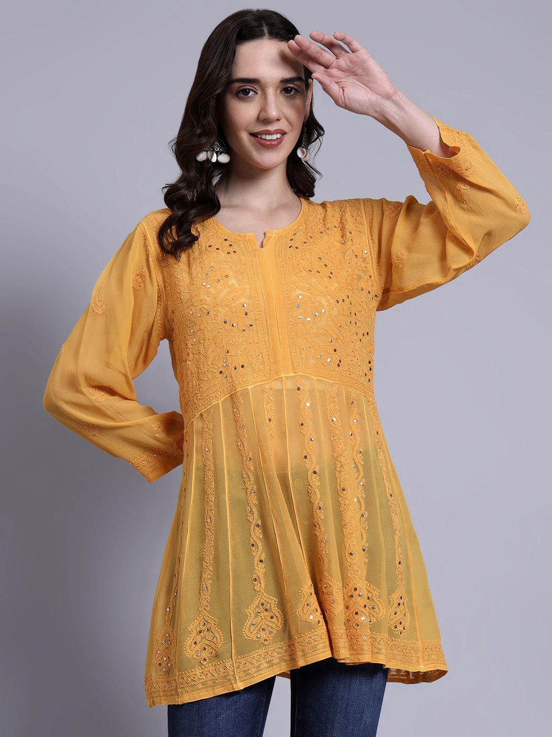 The Chikan Label Yellow Drashi Viscose Chikankari Peplum Top