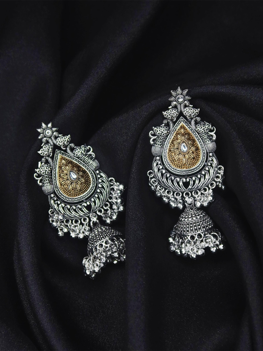 PALAK SAXENA German Silver Stones Studded & Ghungroo Beaded Oxidised Dome Shaped Jhumkas