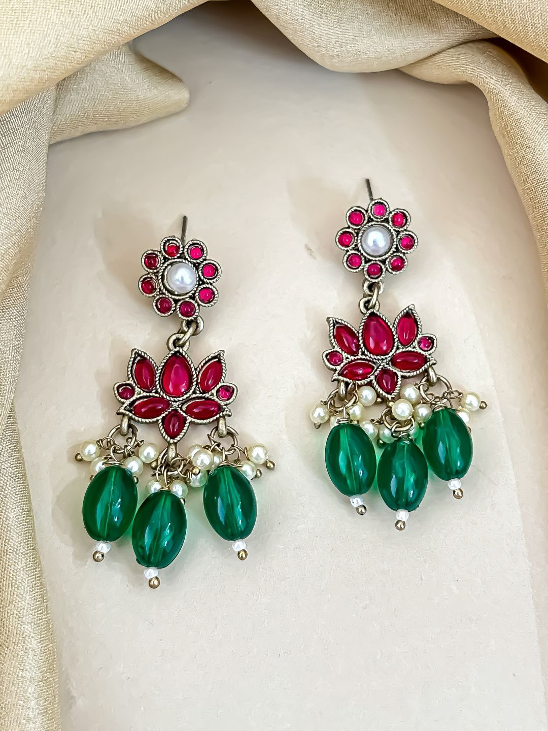 Zeviel Gold-Plated Artificial Stones Studded & Beaded Floral Shaped Drop Earrings