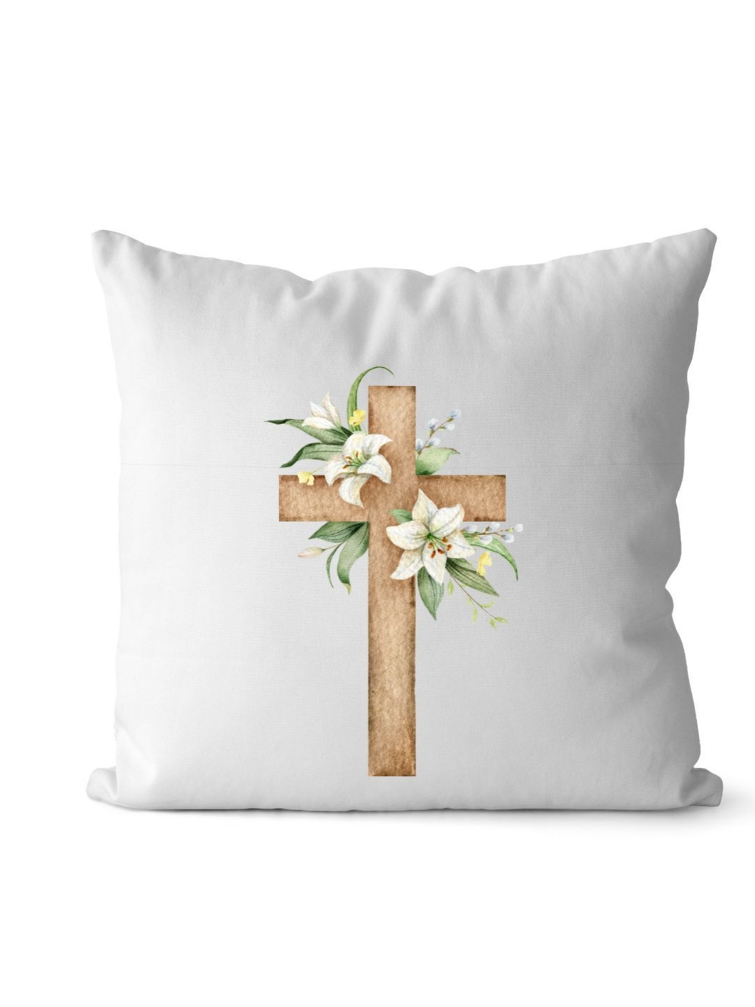 Loops n knots White & Brown Cross With Lily Flowers Printed Pre-Filled Cushion
