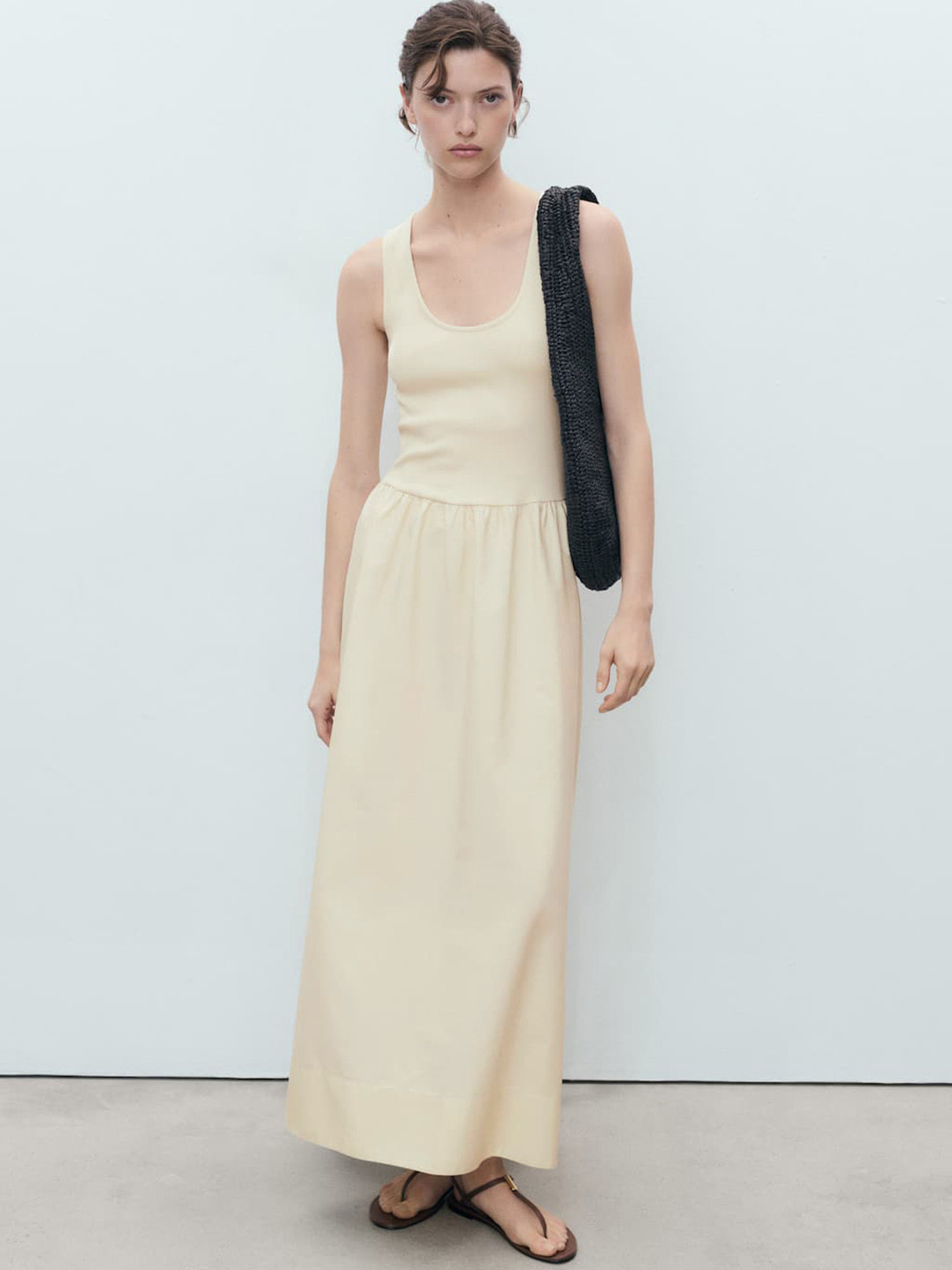 MANGO Scoop Neck Gathered and Pleated Drop-Waist Maxi Dress