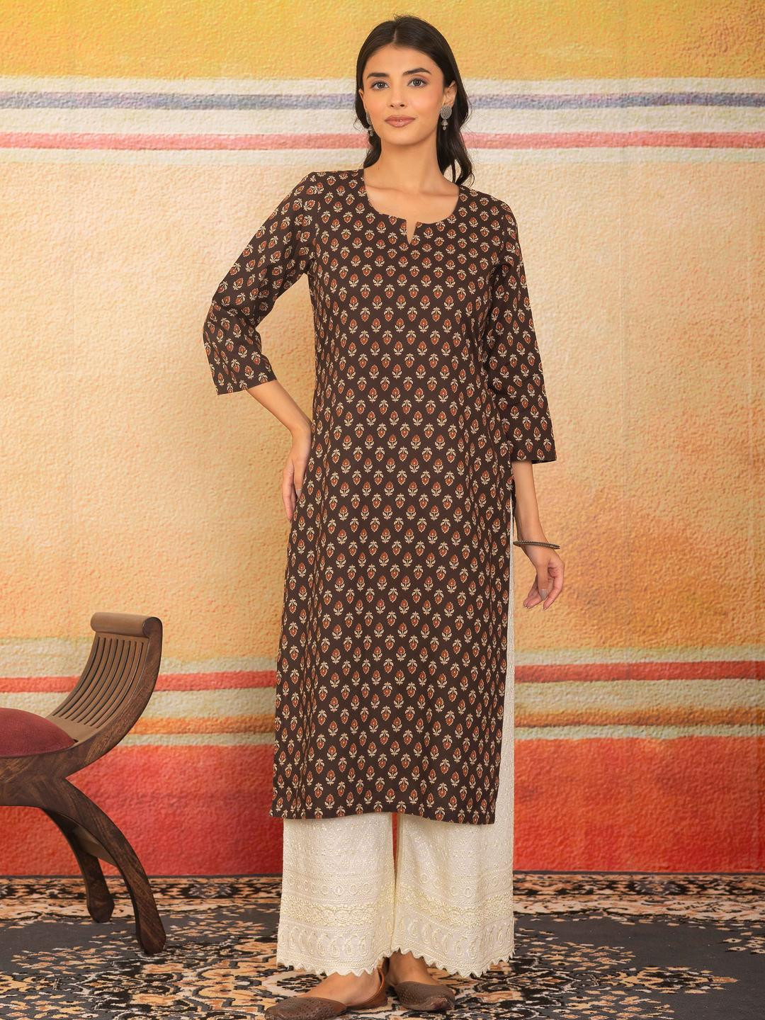 LABEL ADRIJA Women Pure Cotton Block Print Straight Three-fourth Sleeves Kurtas