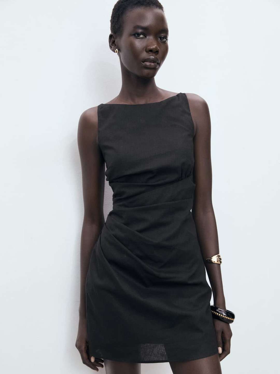 MANGO Linen Cotton Draped Sheath Mini Dress