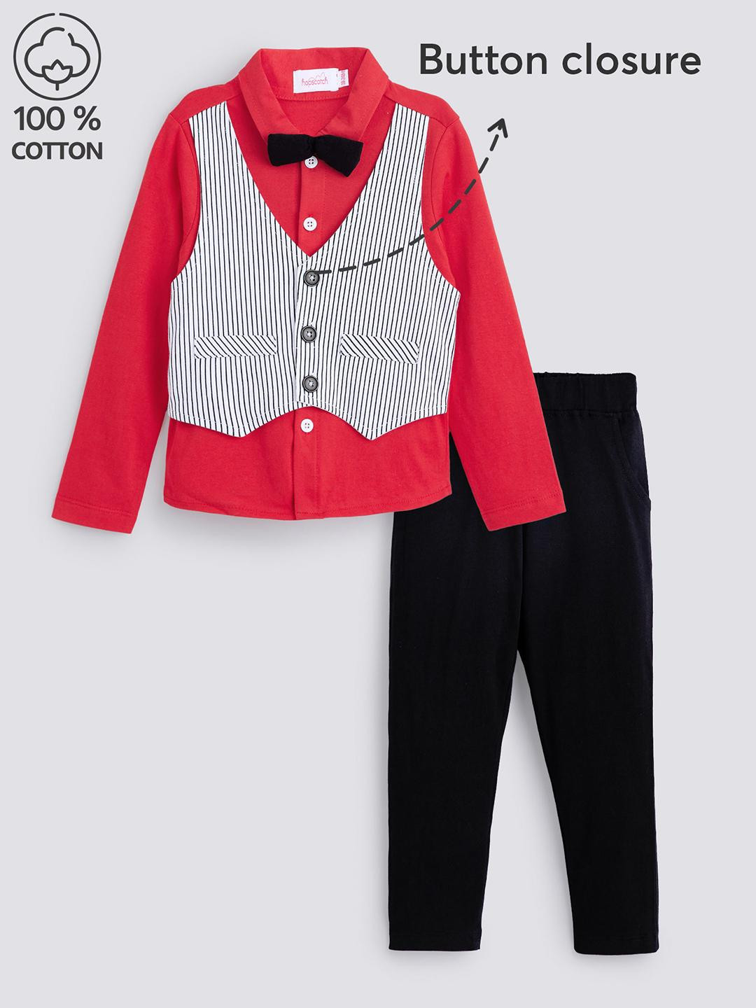 Hopscotch Boys Red Pure Cotton Printed Clothing Set