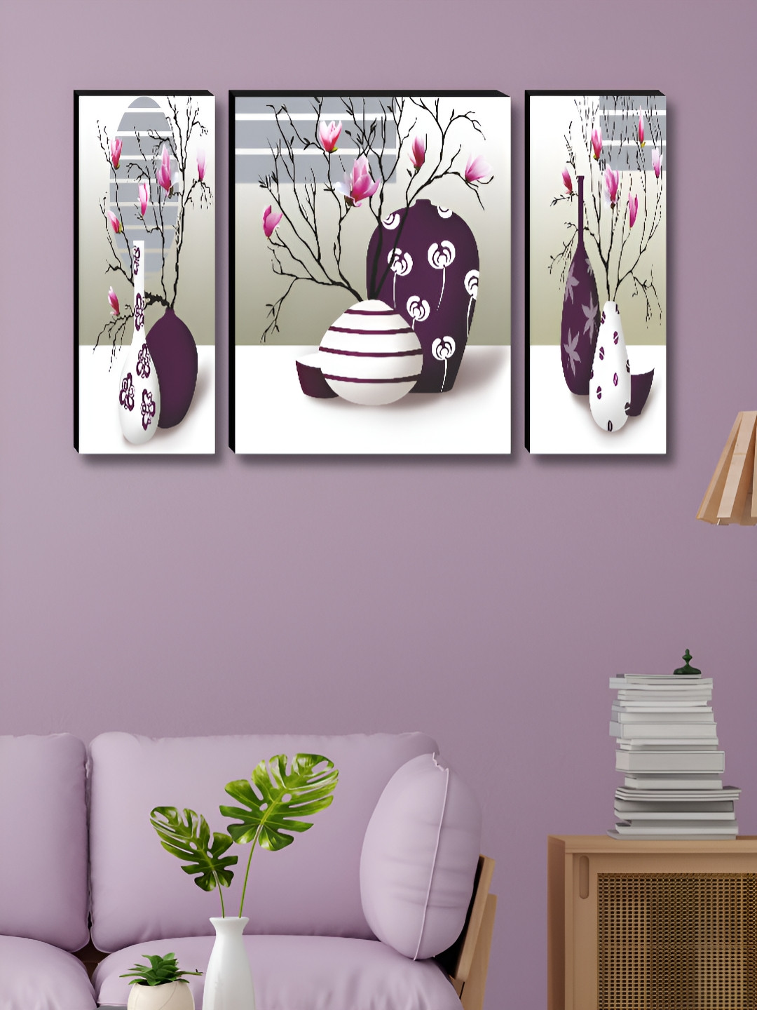 SAF White & Purple 3 Pieces Vase & Floral Wooden Wall Arts