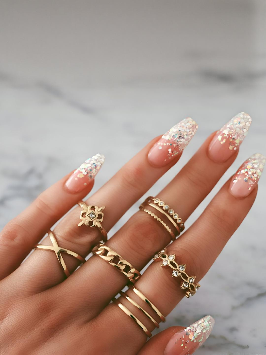 DressBerry Women 6 Pcs Crystal Good Luck Twist Cross Chain Ring Set