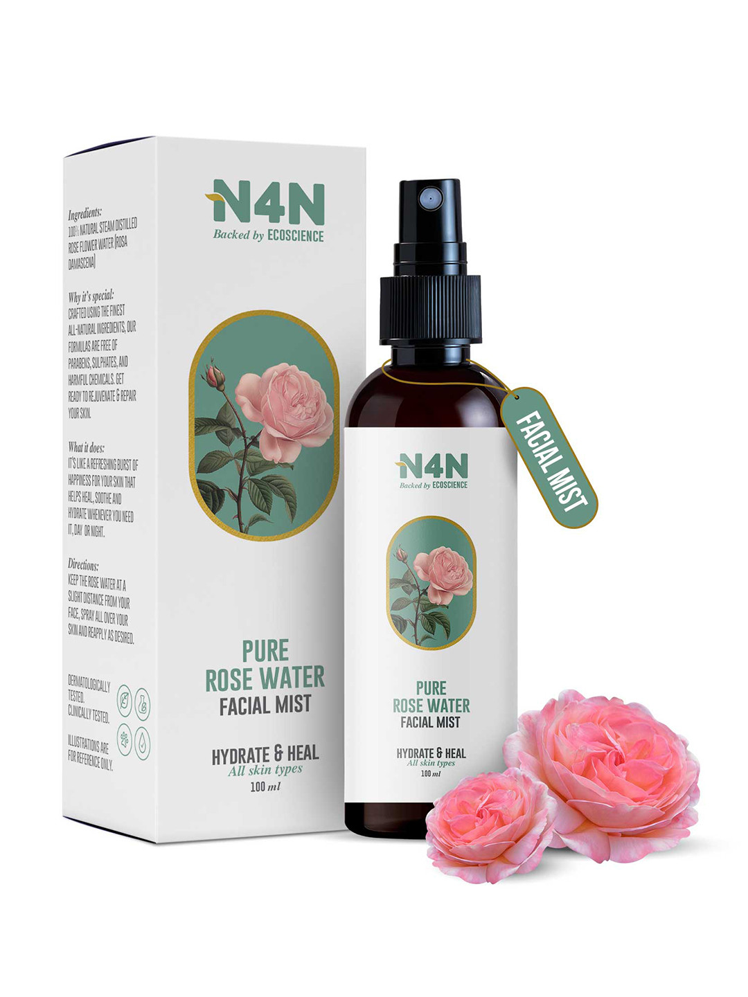 N4N  Backed by ECOSCIENCE Pure Rose Water Hydrate & Heal Facial Mist - 100 ml