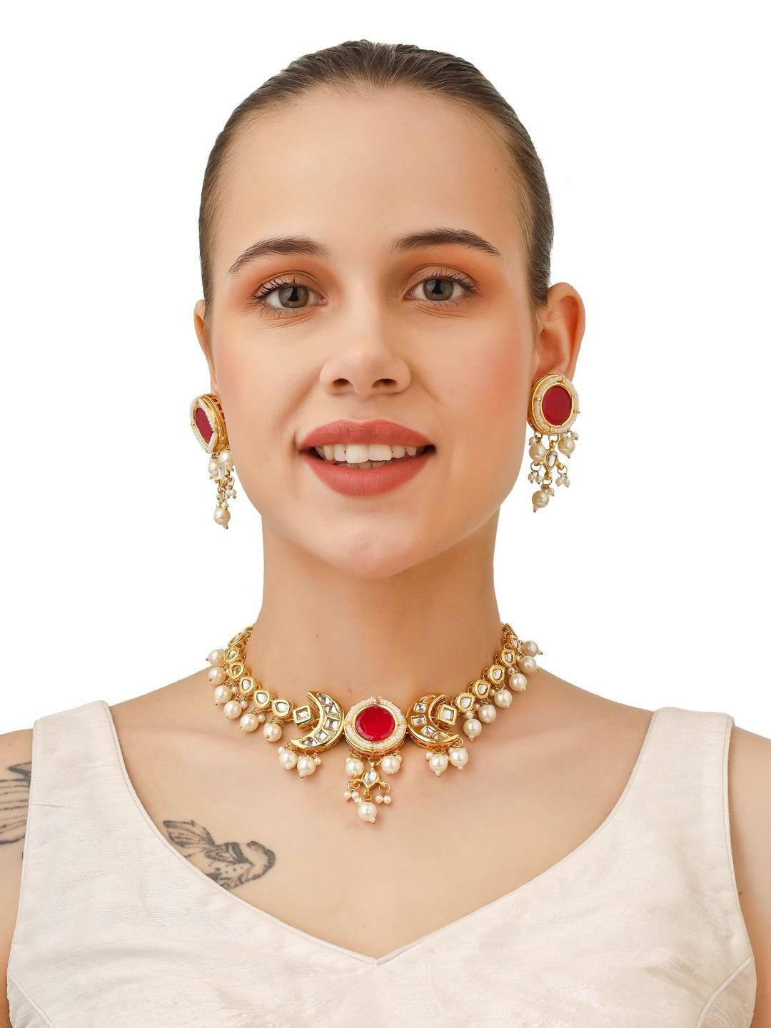 FINE KRAFT Maroon Kundan Ethnic Necklace & Jewellery Set