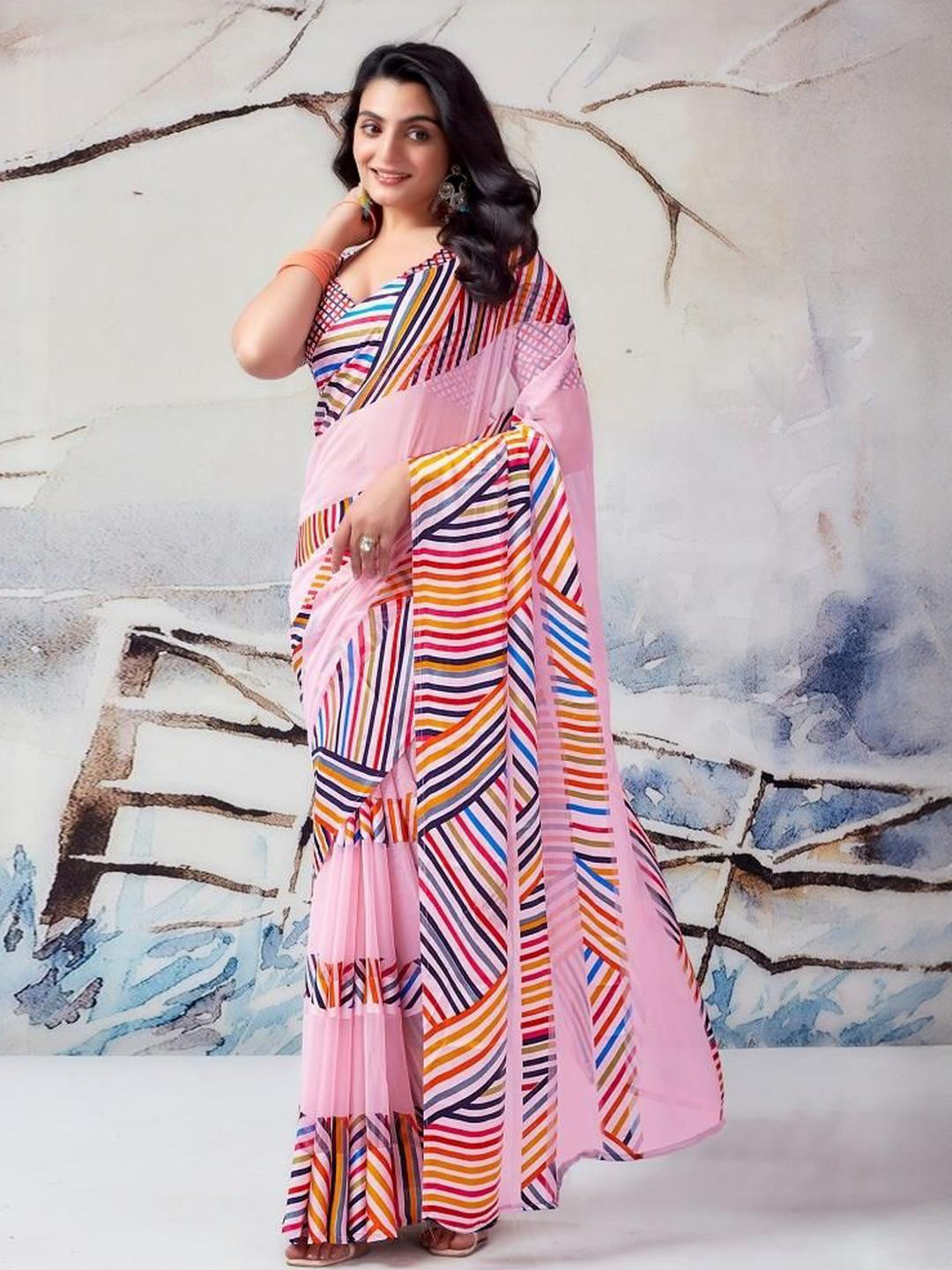 GHAN SALS Striped Pure Georgette Sarees With Blouse