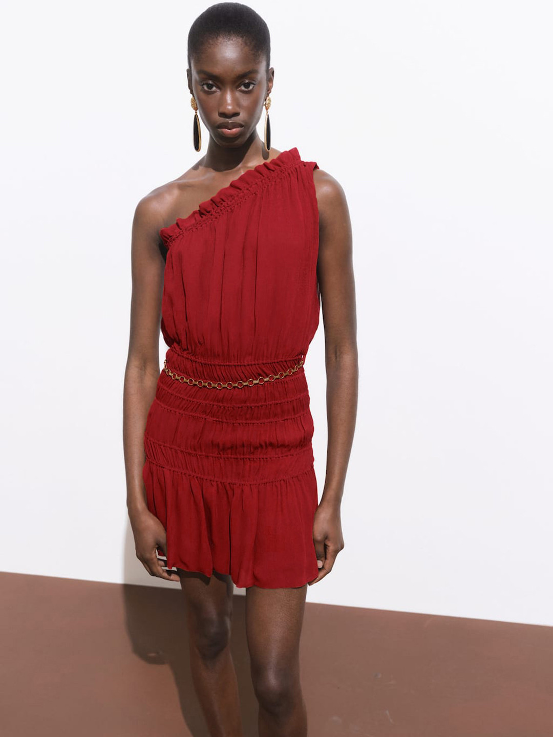 MANGO Gathered and Pleated One Shoulder Belted A-Line Mini Dress