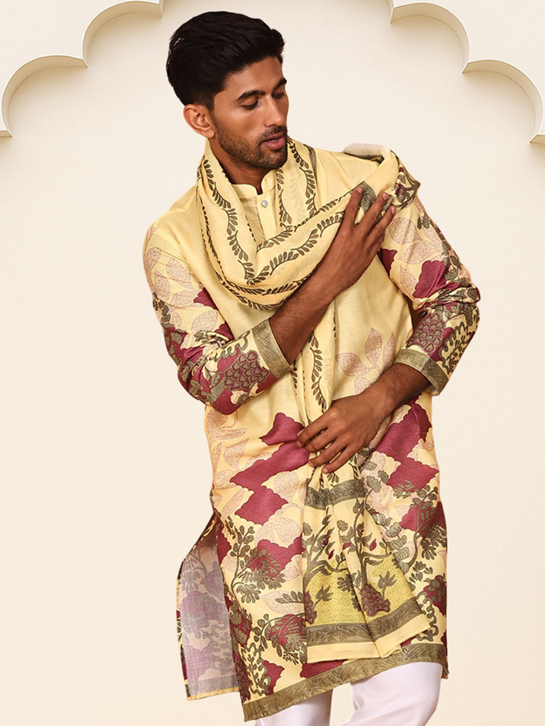 Jompers Men Pack of 2 Floral Printed Screen Print Festive Silk Straight Kurtas