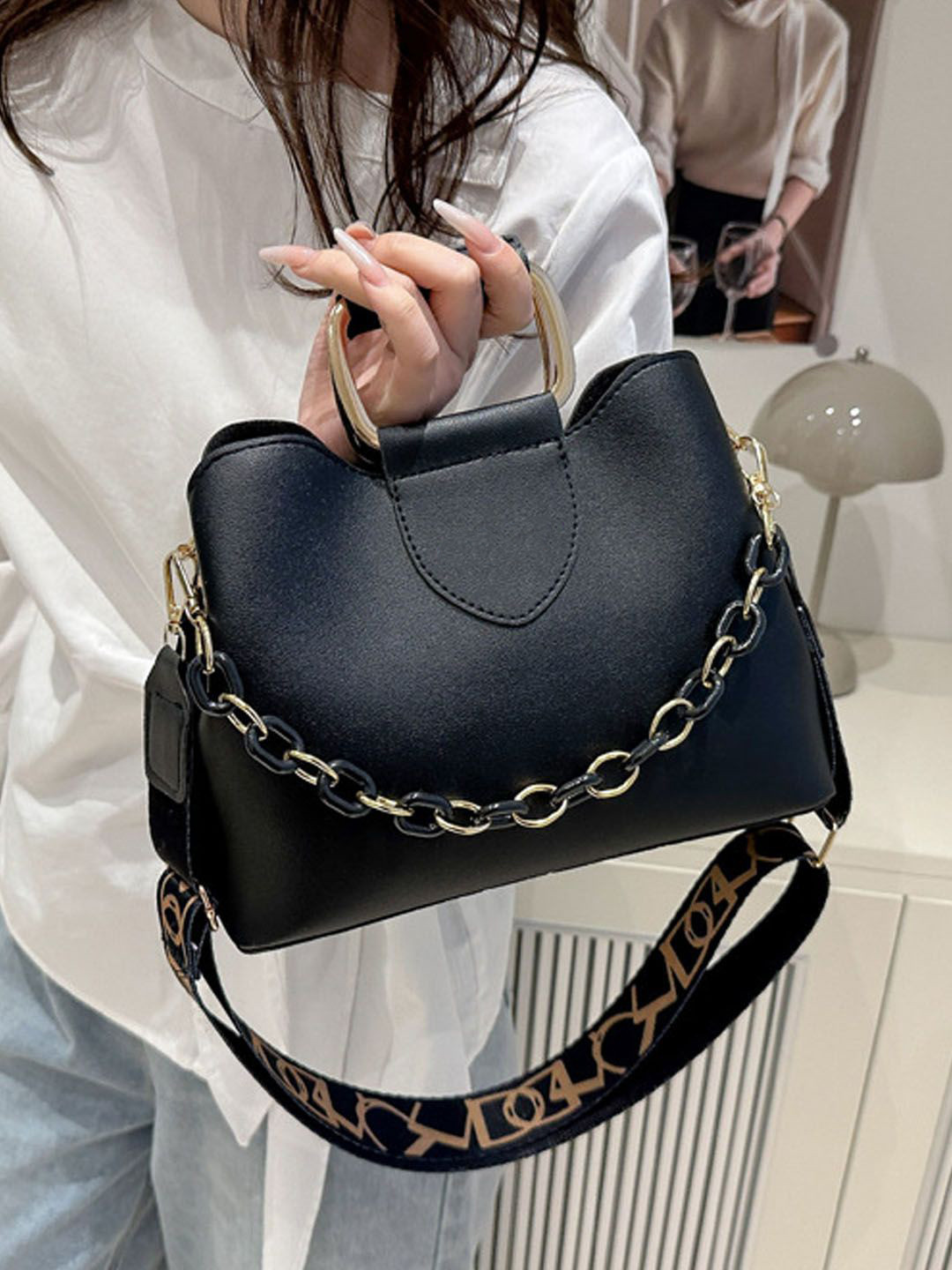 StyleCast Women Bucket Handheld Handbags with Buckle Detail