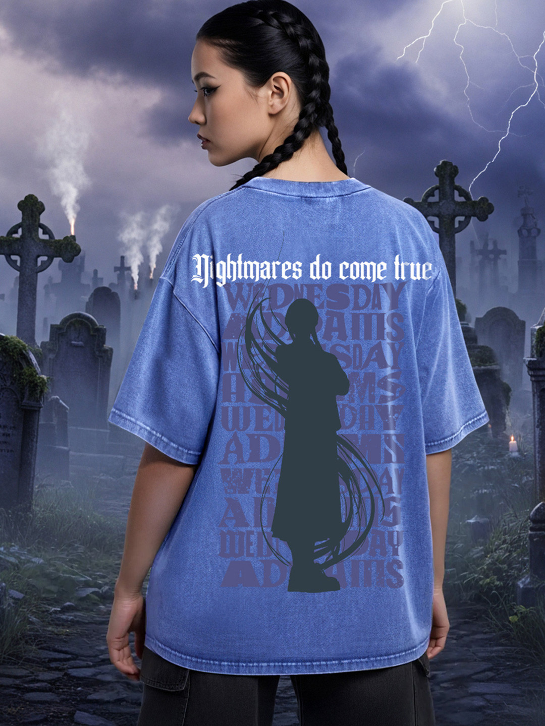 Bewakoof Official Wednesday Merchandise Dark Cloud Graphic Print Oversize Acid Wash Tshirt