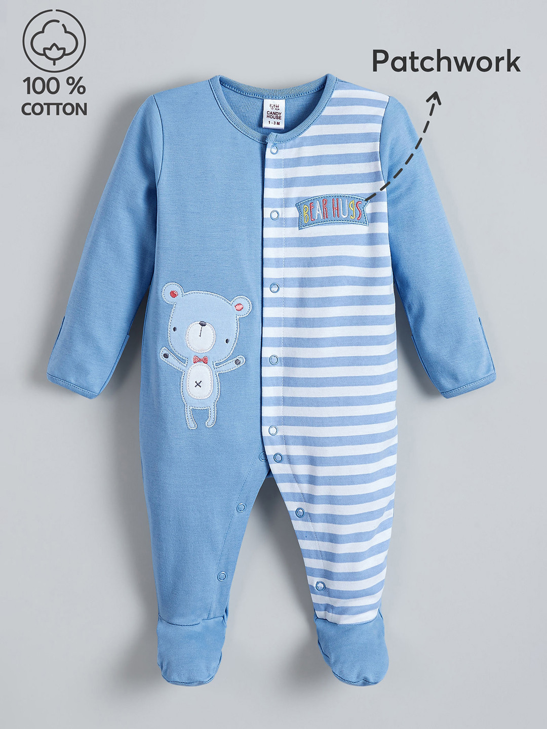 Hopscotch snap closure Half Stripe Cotton Footie Bodysuit