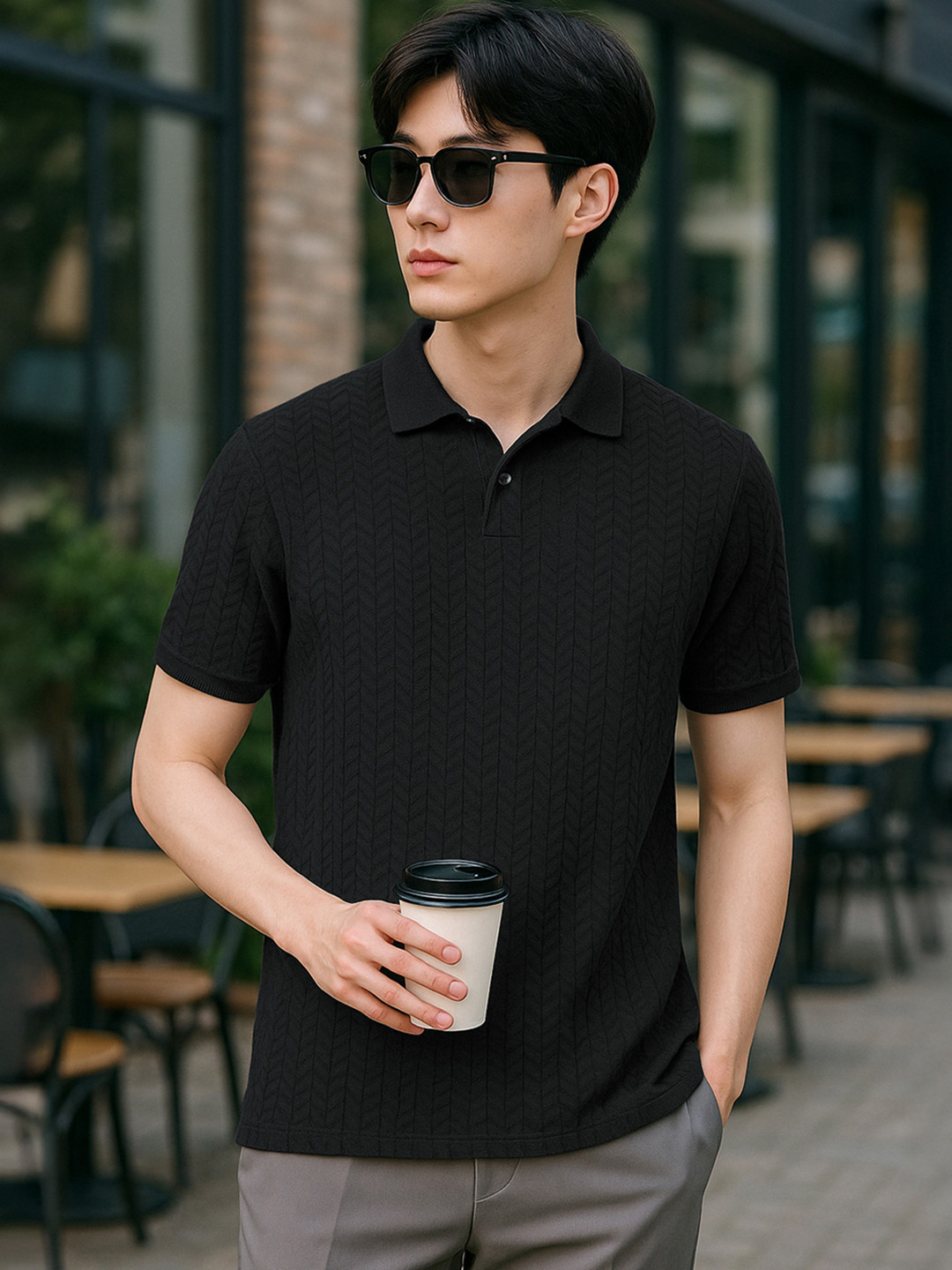 Bewakoof Men Jet Black Textured Korean Polo T-shirt