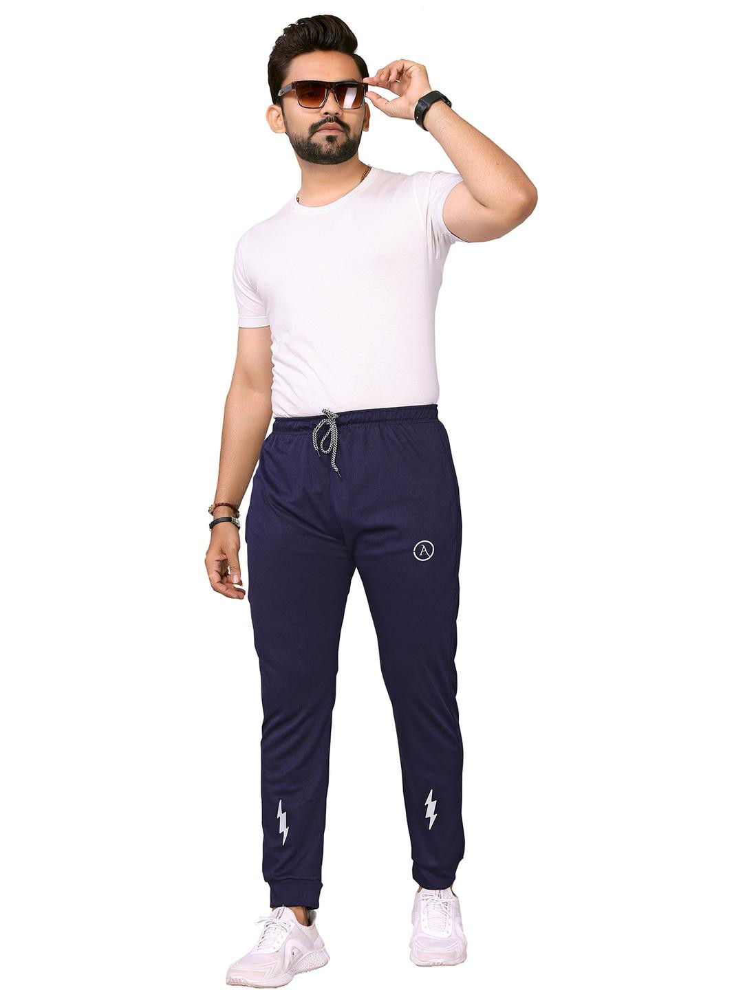 Moda Rapido Men Navy Blue Solid Polyester Trackpants with Graphic Print