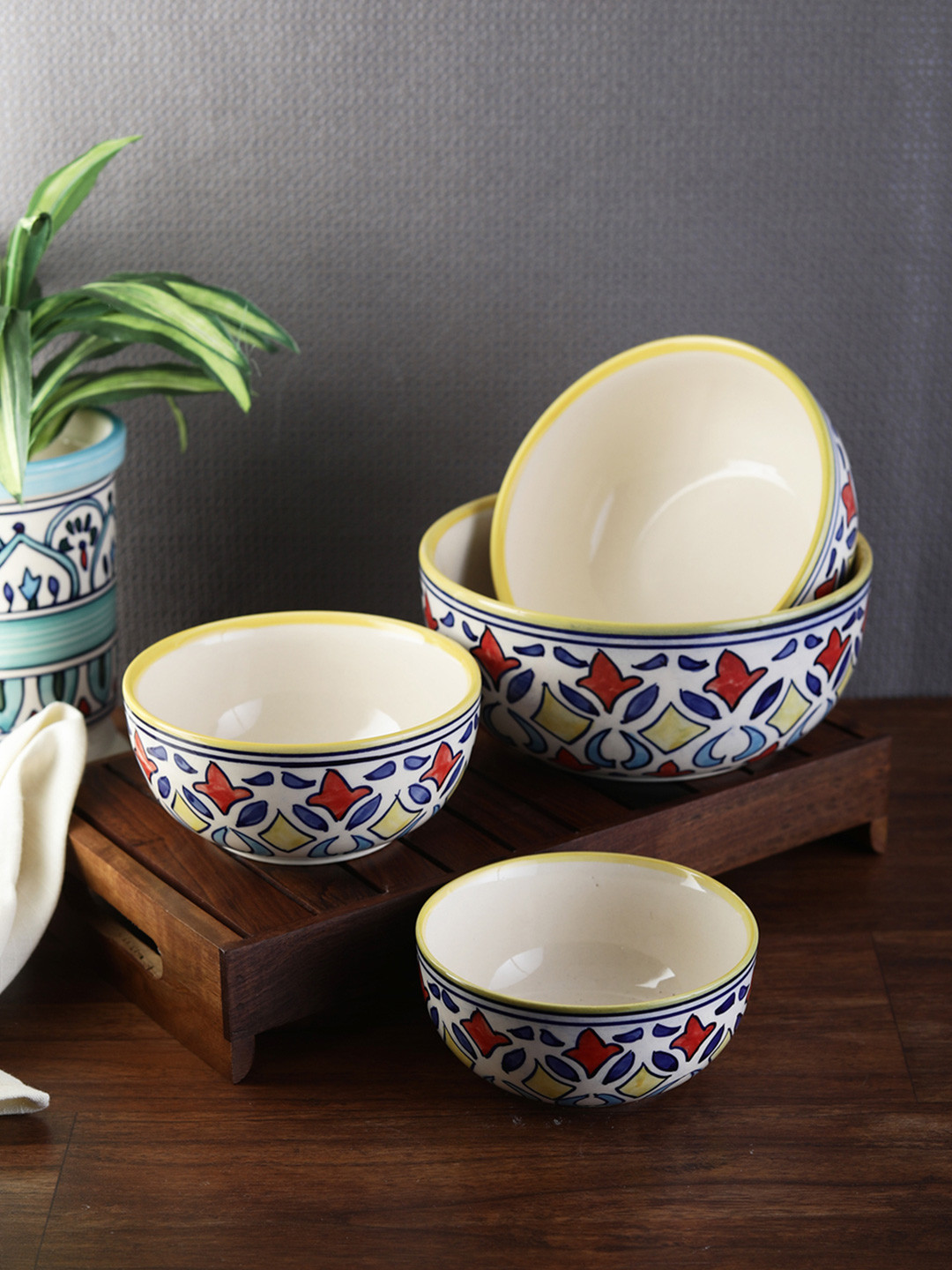 VarEesha Set of 4 Off-White Printed Ceramic Bowls