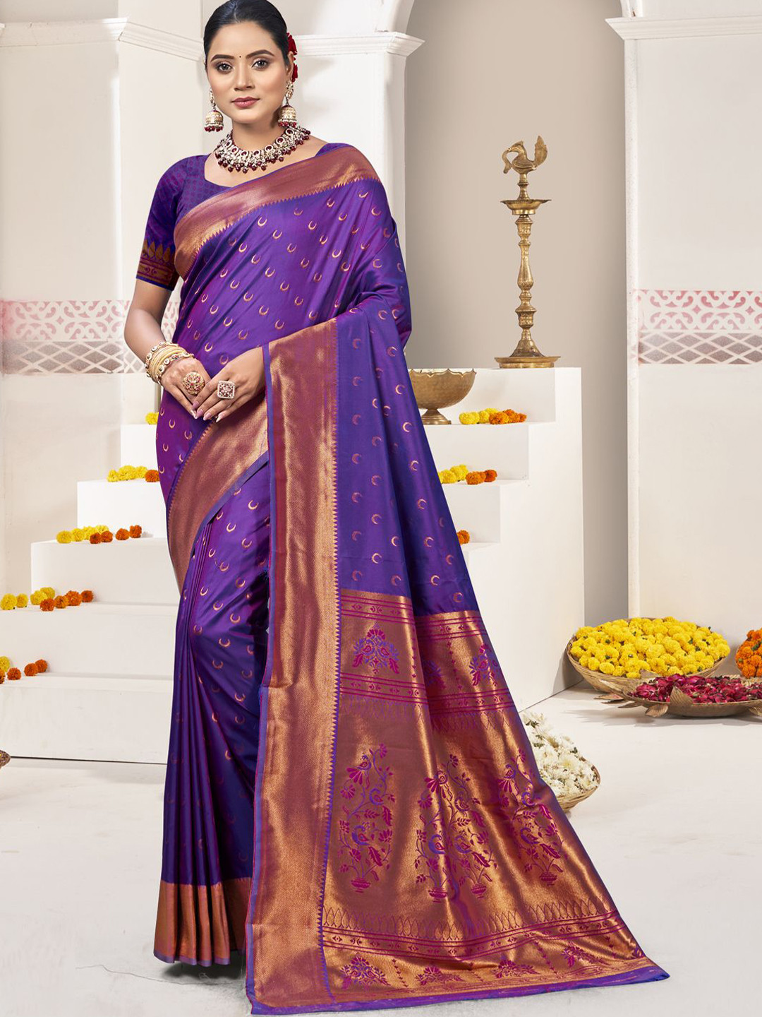 DEVATITHI Woven Design Purple Silk Saree With Blouse Piece