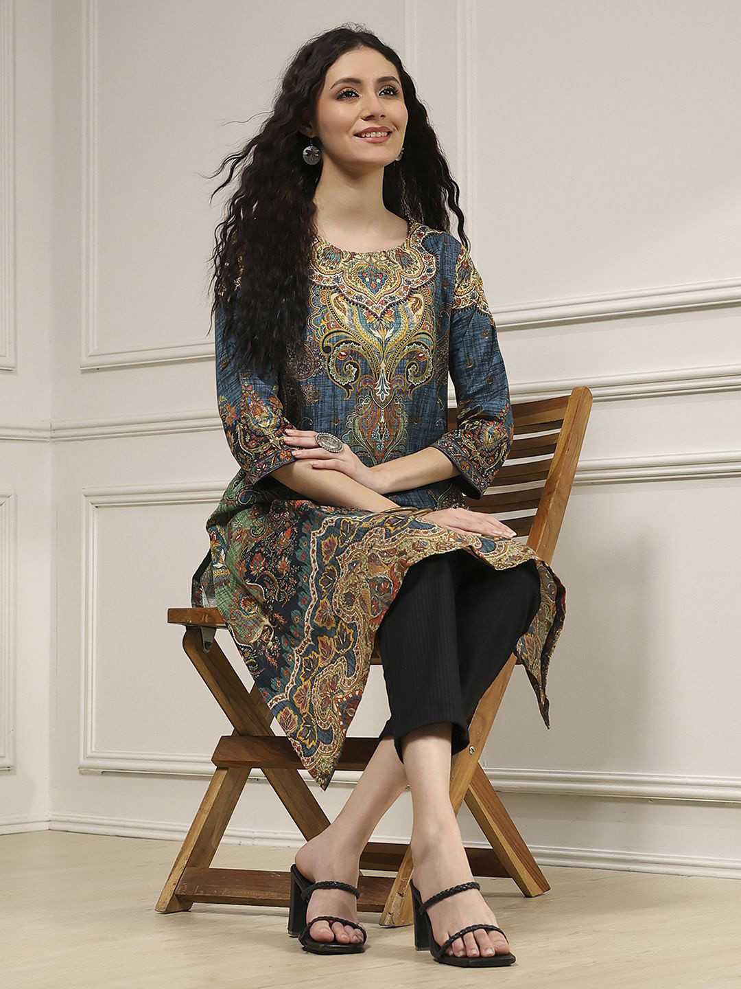 Biba Ethnic Motifs Printed Round Neck Mirror Work Straight Cotton Kurta