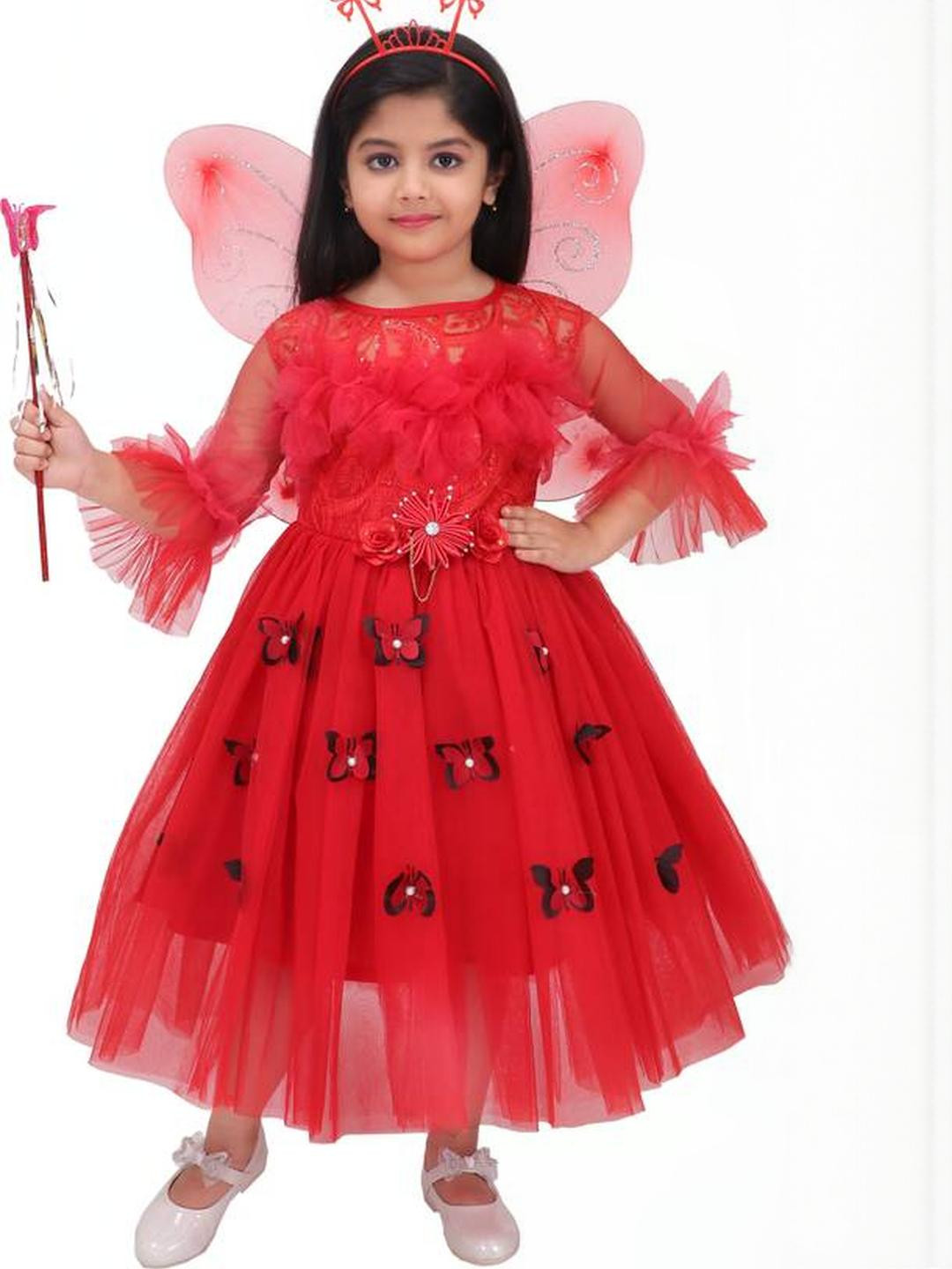 R K S FASHION Bell Sleeve Net Fit & Flare Midi Dress