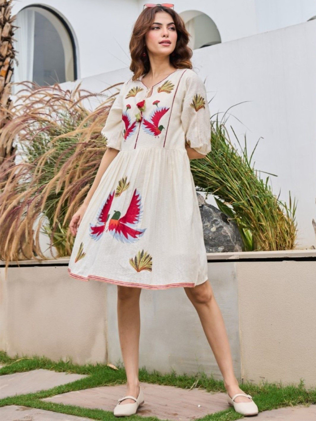 AUTUMN LANE Women Floral Tiara Frost Embroidered Cotton Fit & Flare Dress