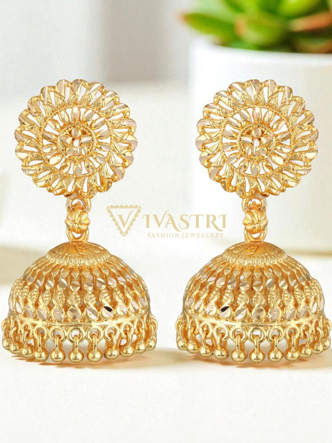 VIVASTRI Alloy Gold Plated Jhumkas Earrings With Post and Back