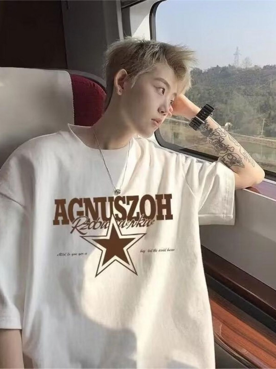 White and Brown Typography Printed Oversized T-shirt