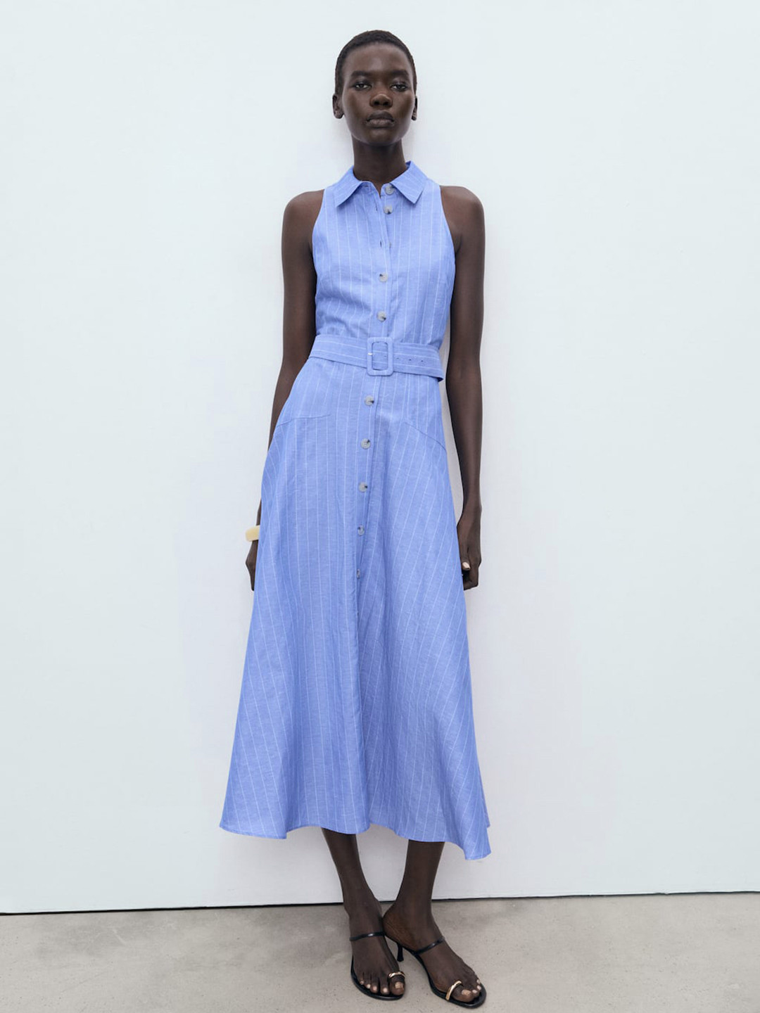 MANGO Cotton Linen Striped Shirt Maxi Dress with Belt